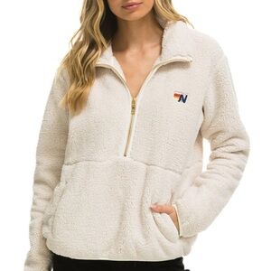 Aviator Nation Teddy Unisex Half Zip Jacket Vintage White S